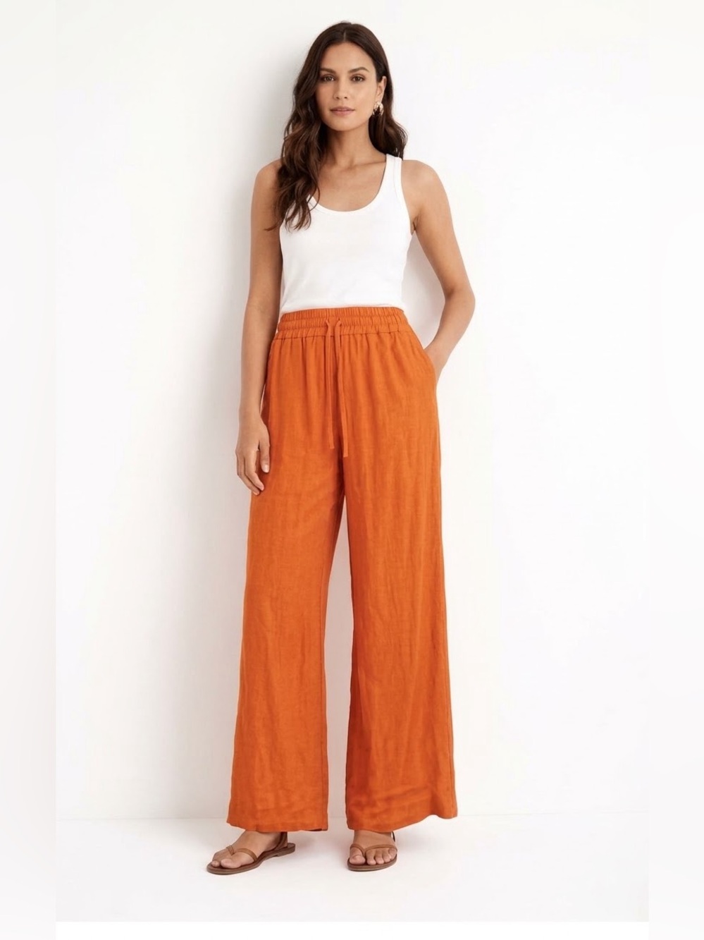 COS Orange Crinkled Textured Wide Leg Pants Drawstring Elastic Waist US 6 Boho